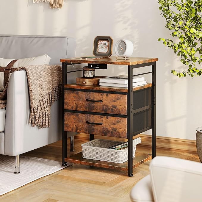 AODK Night Stand with Charging Station, End Table for Bedroom Tall Nightstand with Drawers, Small Nightstand for Bedroom, 4 Tier Storage Bedside Table, Vintage