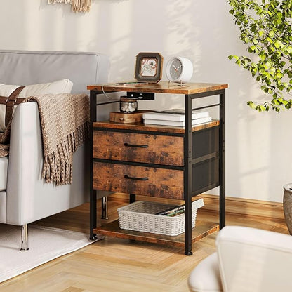 AODK Night Stand with Charging Station, End Table for Bedroom Tall Nightstand with Drawers, Small Nightstand for Bedroom, 4 Tier Storage Bedside Table, Vintage