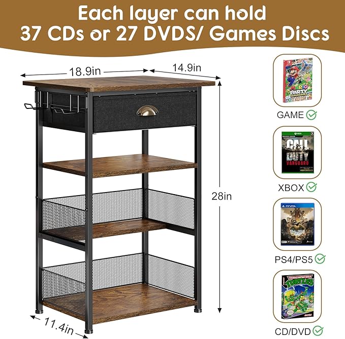 Hongtamoya 4-Tier AV Media Stand with Drawer, Video Game Console Shelf with 2 Hooks, Audio Rack Tower Perfect for/Xbox/ PS5/Switch/Game Consoles/DVD/Record Player/Projector/Sky Box/TV Accessories
