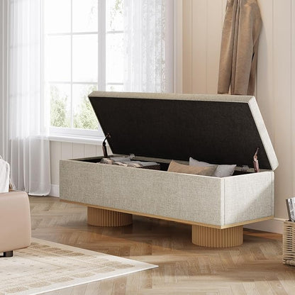 Tribesigns 50.39" Storage Bench with Padded Seat Cushion, Upholstered Shoe Bench with Flip Up Storage for Bedroom, Living Room, Entryway, Load up to 330 lb, Beige + Wood Color