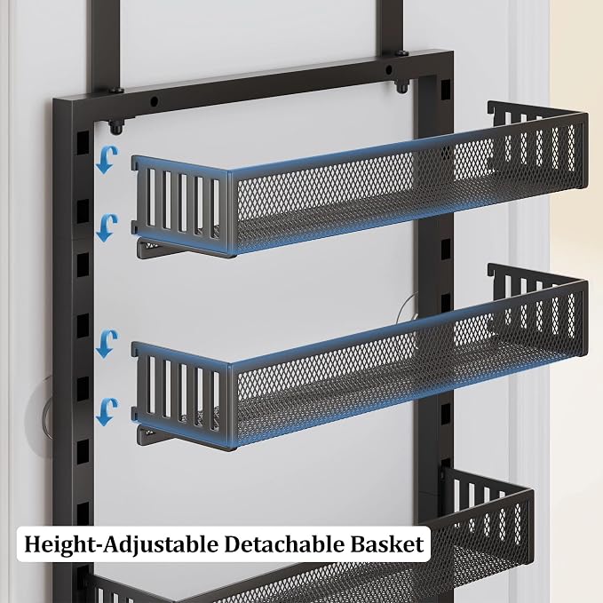 Over the Door Pantry Organizer, 8-Tier Over the Door Spice Rack with Adjustable Baskets, Wall-Mounted or Hanging Shelves for Kitchen, Laundry Room, Bathroom(Black, 15.35"W x 5.2"D x 72.6"H)