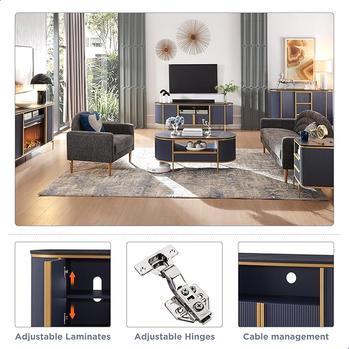OKD 70" Fluted TV Stand with Storage, Faux Marble Top Entertainment Center for TVs Up to 80", Modern Curved Edge Media Console Cabinet for Living Room, Navy Blue