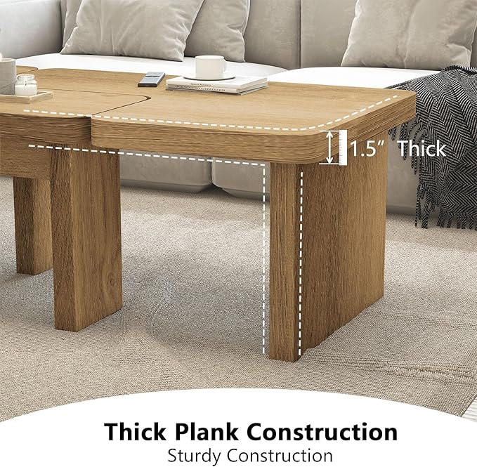 Farmhouse Coffee Table, 53-Inch Accent Center Table with Thicken Base, Multiple Layouts,Switch Between Square and Rectangular Table (Rustic Brown)