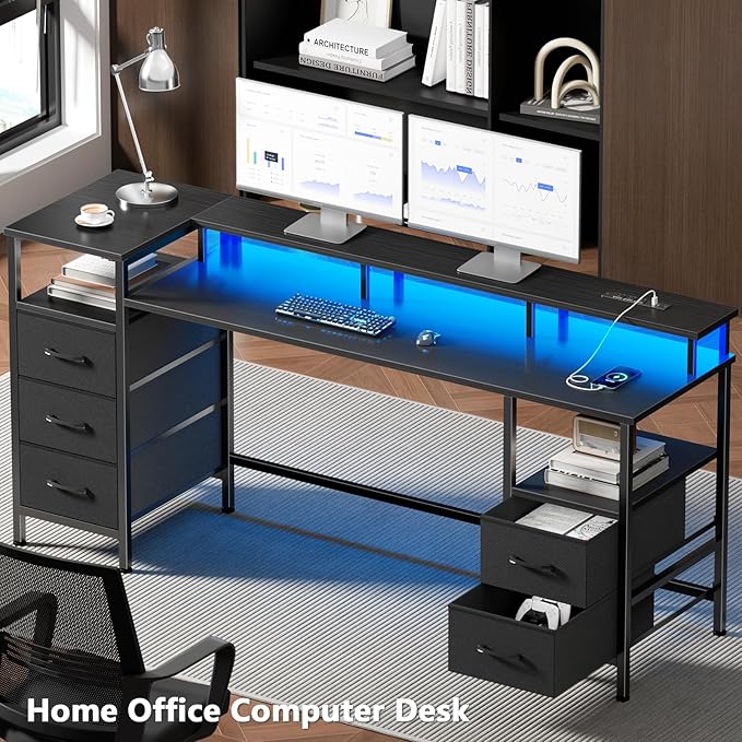 61 Inch Computer Gaming Desk with Power Outlets & LED Lights Reversible Home Office Desk with Adjustable 5 Fabric Storage Drawers for Working Writing Study, Black