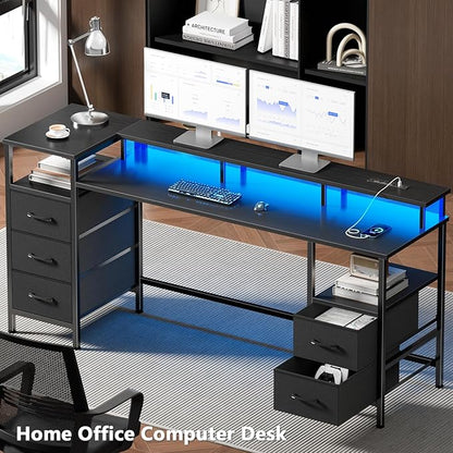 61 Inch Computer Gaming Desk with Power Outlets & LED Lights Reversible Home Office Desk with Adjustable 5 Fabric Storage Drawers for Working Writing Study, Black