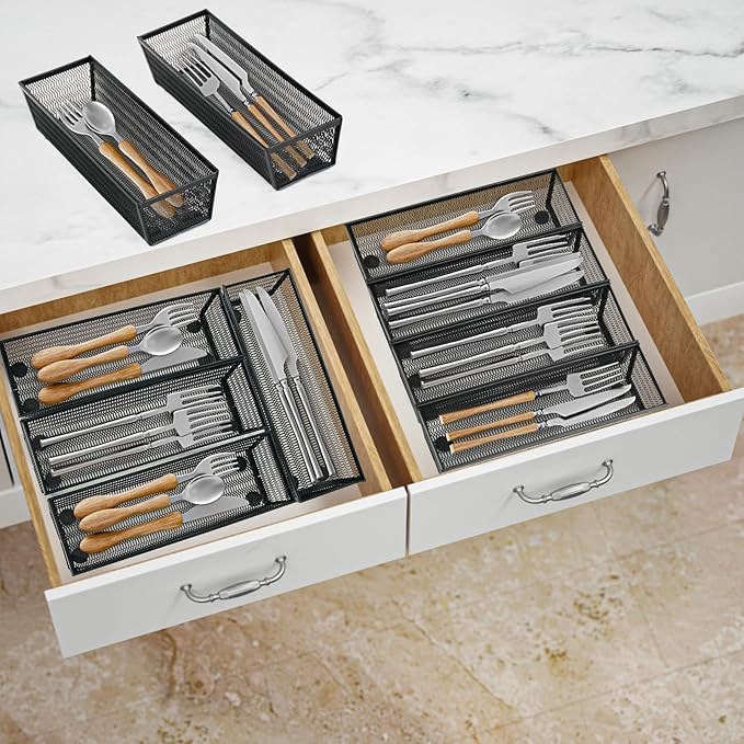 Neudeco Silverware Organizer, Black, 9 x 3 x 2 inch, Pack of 12 | Mesh Drawer Organizer, Metal Construction, For Kitchen Utensils & Flatware, Multi-Purpose Use