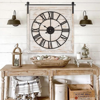 Vintage Barn Door Wall Clock - Distressed White Wash Finish, Large Rustic Farmhouse Wood Clock for Home, Wall and Farmhouse Décor, 24x23.6 Inches