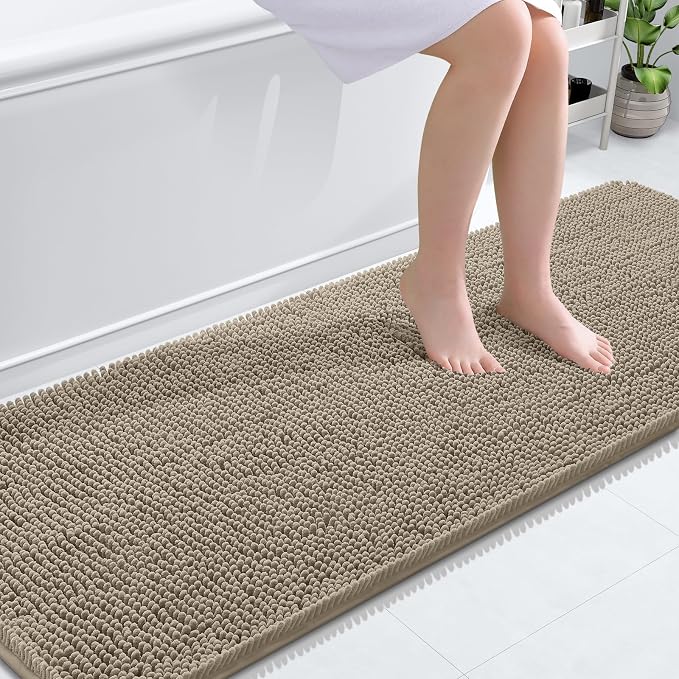 OLANLY Bathroom Runner Rugs 70x24, Soft Absorbent Chenille Bath Rugs, Rubber Backing Quick Dry, Machine Washable Long Bath Mats for Bathroom Floor, Tub and Shower, Home Decor Accessories, Warm Taupe