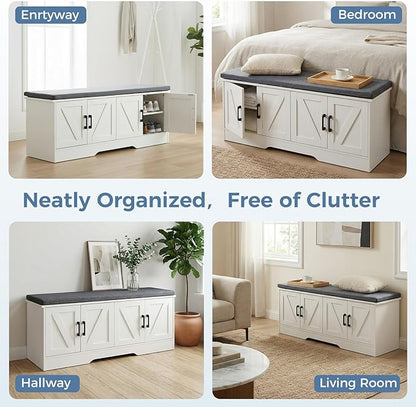 DUMOS Shoe Storage Bench, 28" Wide Shoe Organizer Cabinet with Padded Seat Cushion, 2 Doors, Adjustable Shelf for Entryway, Hallway, Bedroom, Living Room, White