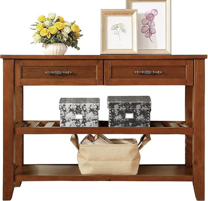 LKTART Solid Wood Console Table Entryway Table with Storage Drawers and Shelves Sofa Tables (42" Brown)