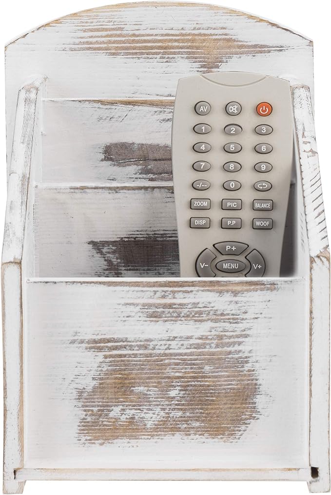 MyGift TV Remote Control Holder, Modern Farmhouse Decor, Whitewashed Wood Media Remote Caddy/Organizer/Storage Box with 3 Compartments, for Living Room, Coffee Table