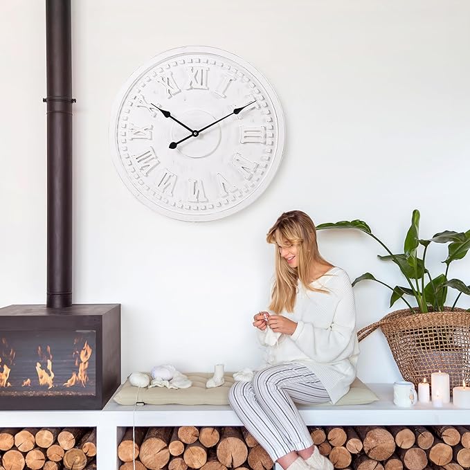 Vintage Wall Clock with Roman Numerals – 24", 30", 36" – Quartz Movement, Black Hands, Distressed Finish, MDF Wood Veneer – Elegant Home Decor, 24"