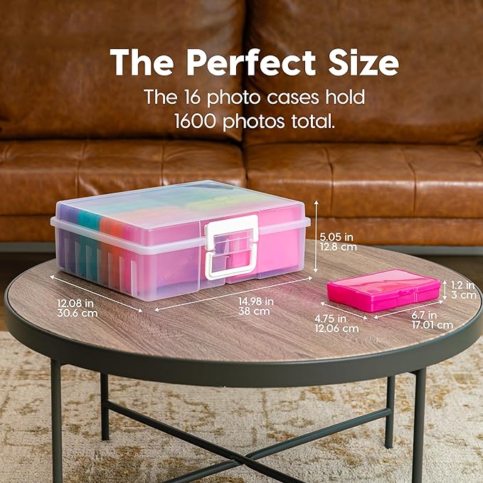 IRIS USA 4" x 6" Photo Storage Box Craft Keeper, Transparent Handle Container with 16 Organization Holder Cases for Pictures, Tasks, Scrapbooking, Ephemera, Stationery Storage, Multi-Color/Clear