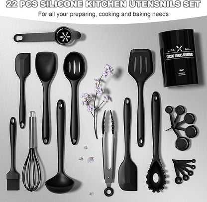 Silicone Kitchen Utensils Set, Umite Chef 22Pcs Cooking Utensils Spatula Set, Heat Resistant Non-Stick Silicone, Dishwasher Safe Cooking Gadgets Tools Set(Black)
