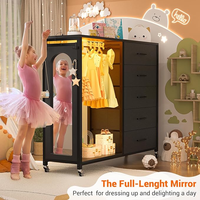 Cyclysio Dresser for Bedroom with Clothes Rack & Mirror, 5 Fabric Drawers Dresser with Charging Station & LED Lights, Rolling Chest of Drawers with Wheels, Full Length Mirror, Wooden Top, Closet