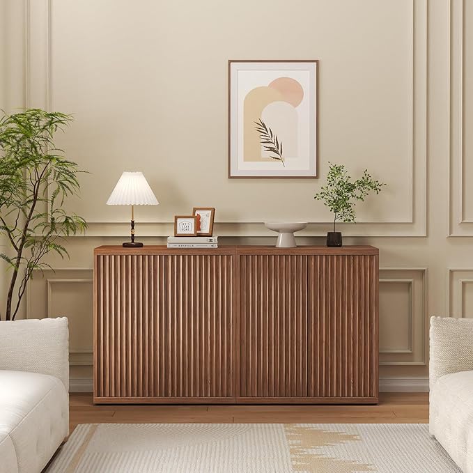 31” Sideboard Cabinet with Storage, Fluted Accent Cabinet with Adjustable Shelves, Modern Wood Credenza Cabinets with Pop-up Doors for Entryway Kitchen Living Room Hallway, Walnut 3pcs