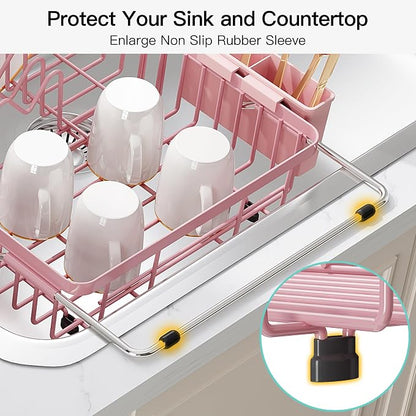 JASIWAY Pink Expandable Stainless Steel Dish Drying Rack Over The Sink for Small Kitchen, Counter Space Saving Compact Plate Drainer Strainer, Adjustable Hanging Metal Dish Dryer with Utensil Holder