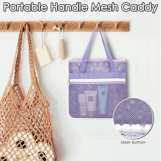 GYEUKHAM Portable Mesh Shower Caddy with 2 Zipper Pockets & Dual Handles, Quick-Drying Hanging Shower Tote for College Dorm, Gym, Travel & Camping, Purple