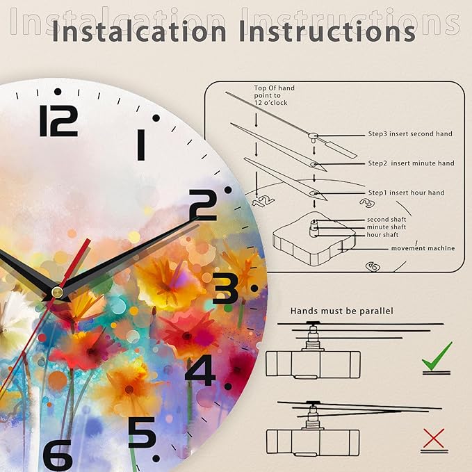 Clock for Living Room, Vintage Wild Floral Wall Clock Vintage Wooden Wall Clock Silent Non-Ticking Battery Operated Arabic Numerals Wall Clocks Decorative for Kitchen, Office, Classroom 10 Inch