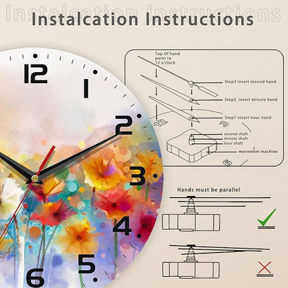 Clock for Living Room, Vintage Wild Floral Wall Clock Vintage Wooden Wall Clock Silent Non-Ticking Battery Operated Arabic Numerals Wall Clocks Decorative for Kitchen, Office, Classroom 10 Inch