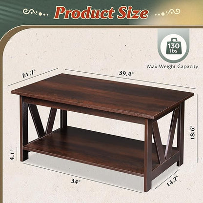 WLIVE Coffee Table with Storage Shelf, 39.4" Farmhouse Coffee Table with V-Frame Support, 2-Tier Wood Rustic Center Table for Living Room, Bedroom & Balcony, Espresso