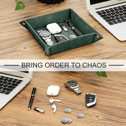 SITHON Valet Tray Desktop Storage Organizer – Premium PU Leather Catchall Bedside Vanity Tray Nightstand Caddy Holder for Keys, Phone, Wallet, Coin, Valentine's Day Gift, Dark Green