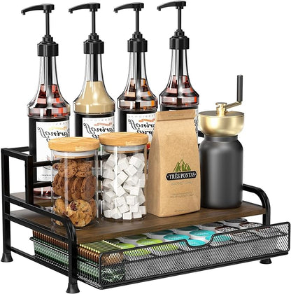 Coffee Syrup Rack Organizer, 3-Tier 8 Bottles Syrup Rack with 35 K Cup Storage Basket for Coffee Bar, Countertop Bottle Holder Stand for Wine, Dressing for Kitchen Cafe Station
