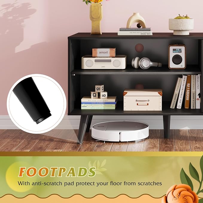 WLIVE TV Stand for 43 Inch TV, Small Entertainment Center with Storage Cabinet & Adjustable Shelves, Mid-Century Modern TV Stands for Living Room and Bedroom, 32" TV Console, Black
