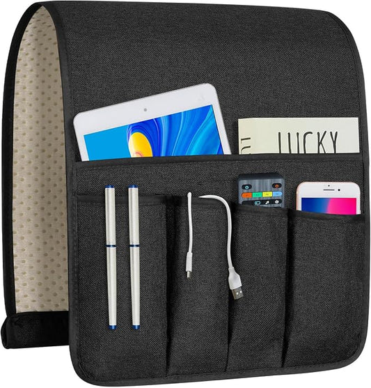 NB Sofa Armrest Organize Remote Holder Bedside Caddy Organizer With 5 Pockets，Non-Slip Couch Remote Control Holder Couch Armchair Caddy Accessories (Black, 35"X12.4")