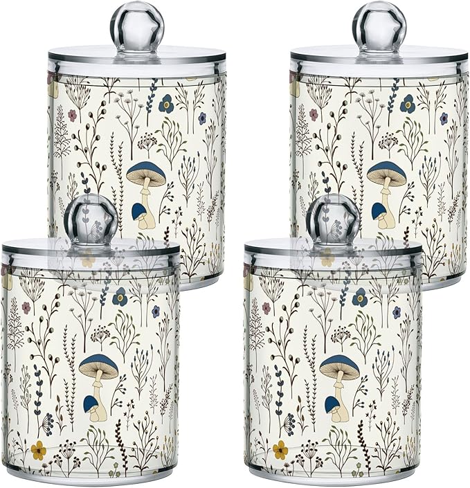 xigua Mushroom Qtip Holder with Lid,2Pack Clear Plastic Apothecary Jars Bathroom Storage Containers for Cotton Swab,Cotton Ball,Floss Picks,Tea,Coffee