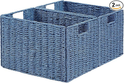 Vagusicc Wicker Storage Basket, Set of 2 Hand-Woven Paper Rope Wicker Basket, Large Storage Baskets for Organizing Toilet Paper, Foldable Cube Storage Organizer Bins for Shelves (Blue)