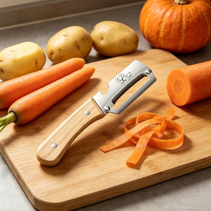 2-in-1 Vegetable Peeler with Built-in Bottle Opener, Sharp Stainless Steel Potato & Fruit Peeler, Ergonomic Wooden Handle Kitchen Gadget for Home, BBQ, Camping