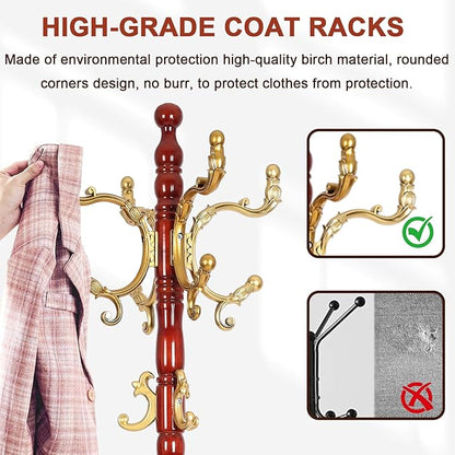 Coat Racks Freestanding, Natural Wood Coat Stands with 14 Hooks, 73" Heavy Duty Adjustable Height Vintage Hall Tree for Entryway, Bedroom, Office, Easy Assembly (Begonia)