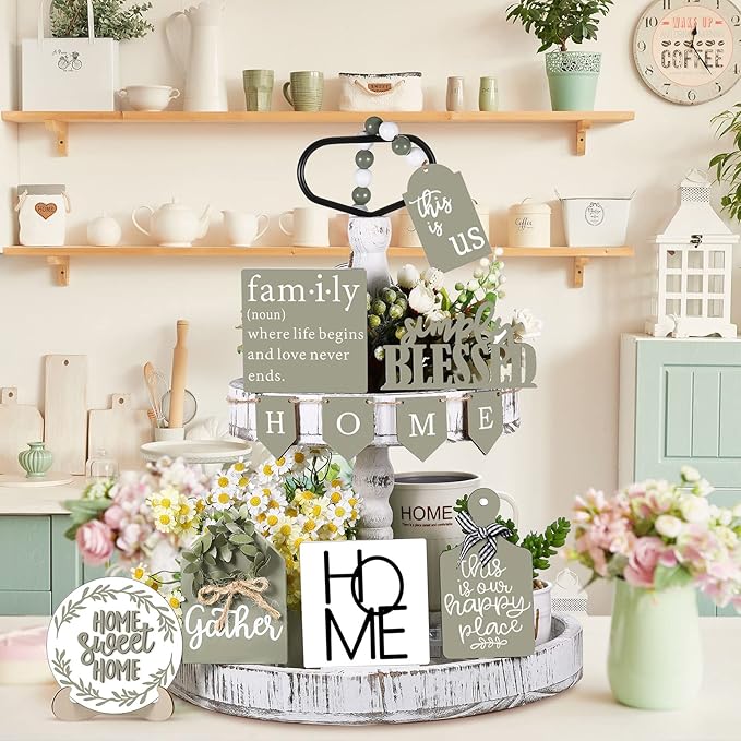 11 Pcs Home Tiered Tray Decor Spring Rustic Farmhouse Tiered Tray Decorations Set Sage Green Wooden Home Sign Vintage Farm Animal Farmhouse Tabletop Wood Sign for Kitchen Table Shelf Decor