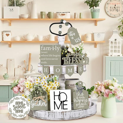 11 Pcs Home Tiered Tray Decor Spring Rustic Farmhouse Tiered Tray Decorations Set Sage Green Wooden Home Sign Vintage Farm Animal Farmhouse Tabletop Wood Sign for Kitchen Table Shelf Decor