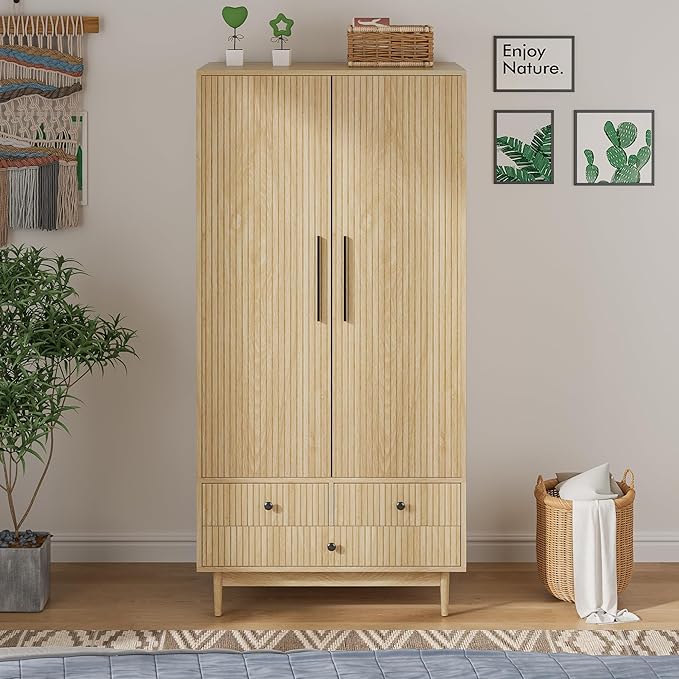 Armoire Wardrobe Closet with 2 Fluted Doors,64.96" Wooden Clothes Storage Cabinet with Hanging Rod and Shelf Storage,Wardrobe Cabinet with 3 Drawers,Freestanding Closet for Bedroom (Natural)