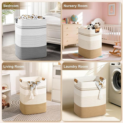Degeyoyo Laundry Hamper, 75L Tall Laundry Basket with Leather Handles, Rectangle Large Clothes Hamper for Organizing, Cotton Woven Laundry Baskets Storage Hampers for Bedroom, Nursery, Living Room