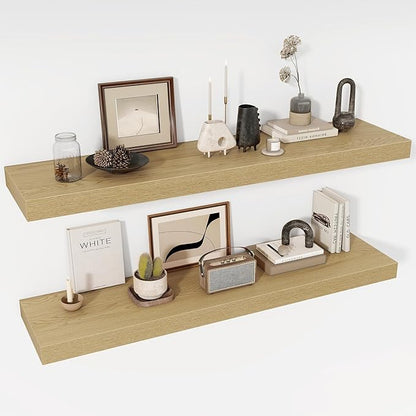 Acovy 48 Inch Floating Shelves, 12" Deep Floating Shelf Wall Mounted, 48" Wall Shelves, Rustic Deep Bookshelf, Extra Deeper & Thicker Display Shelves for Bedroom, Living Room, Oak, Set of 2