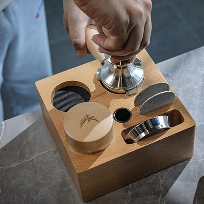 58mm Espresso Tamping Station Compact Portafilter Stand and Coffee Accessories Organizer for Espresso Machines with Tamper Holder, Distributor Slot, and Multi-Accessory Storage