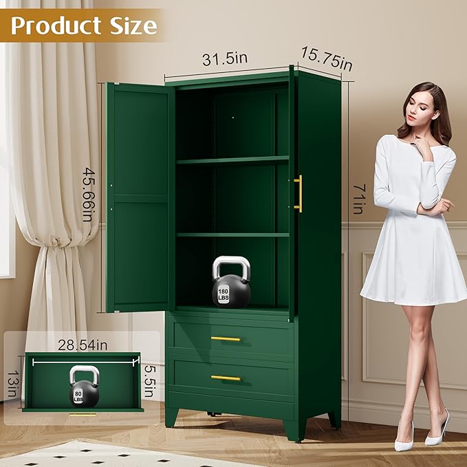 Steel Pantry Cabinet, 71" Metal Storage Cabinets with 2 Doors, 2 Adjustable Shelf and 2 Drawers, Freestanding Storage Cabinet for Bedroom, Kitchen, Home Office (Green)