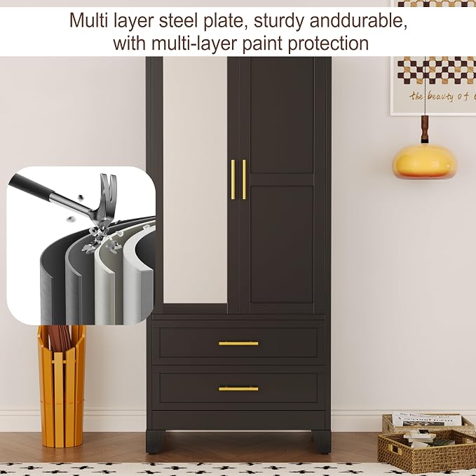 erosoei Metal Armoire Wardrobe Closet, 71 "Metal Clothing Storage Cabinet | with Mirror and Adjustable Shelves, Household Steel Wardrobe Storage Cabinet with 2 Drawers and Hanging Rod(Armoire-Black)