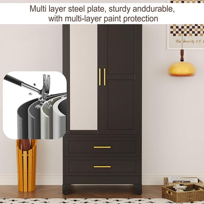 erosoei Metal Armoire Wardrobe Closet, 71 "Metal Clothing Storage Cabinet | with Mirror and Adjustable Shelves, Household Steel Wardrobe Storage Cabinet with 2 Drawers and Hanging Rod(Armoire-Black)
