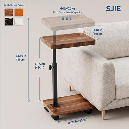 C Table End Table Adjustable Height, 360°Swivel TV Tray Table for Small Spaces, Side Tables with Wheels for Living Room and Bedroom, Bed (Walnut) | Adjustable Height, 360°Swivel, for Small Spaces, Couch Tables, That Slide Under, with Wheels