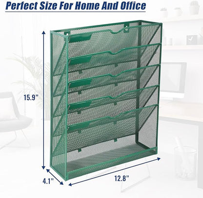 EASEPRES 6 Tier Desk File Organizer, Mesh Hanging Wall Mount Document Organization Stand, Desktop Vertical Mail Paper Folder Holder Rack with Bottom Tray for Office Cubicle, Sides Closed, Dark Green