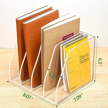 Acrylic Magazine File Holder, 4 Vertical Compartments Desk Document Sorter Organizer, Clear Folder Rack Binder for Office, Documents, Tablets, Magazines, Books – Home/Classroom Rack