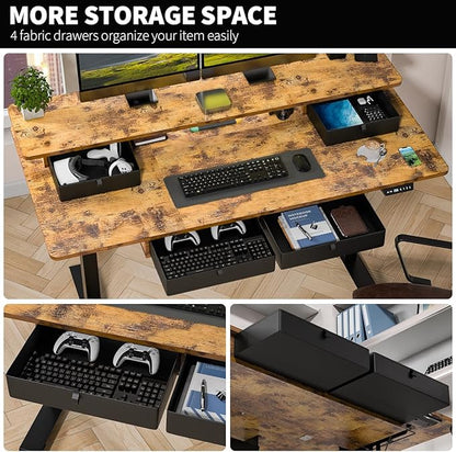 Kingant 55 x 30 Inch Electric Standing Desk with 4 Drawers, Adjustable Height Computer Desk for Home Office, Large Workstation Sit Stand Up Desk with Built-in USB A/C Charging Ports, Rustic Brown