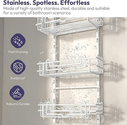 SWTYMIKI Shower Caddy Hanging Organizer - 3-Tier Rustproof Shower Organizer Over Showerhead with Adjustable Baskets, 24 Hooks, Soap & Razor Holder - No Drill Large Bathroom Storage Rack, White