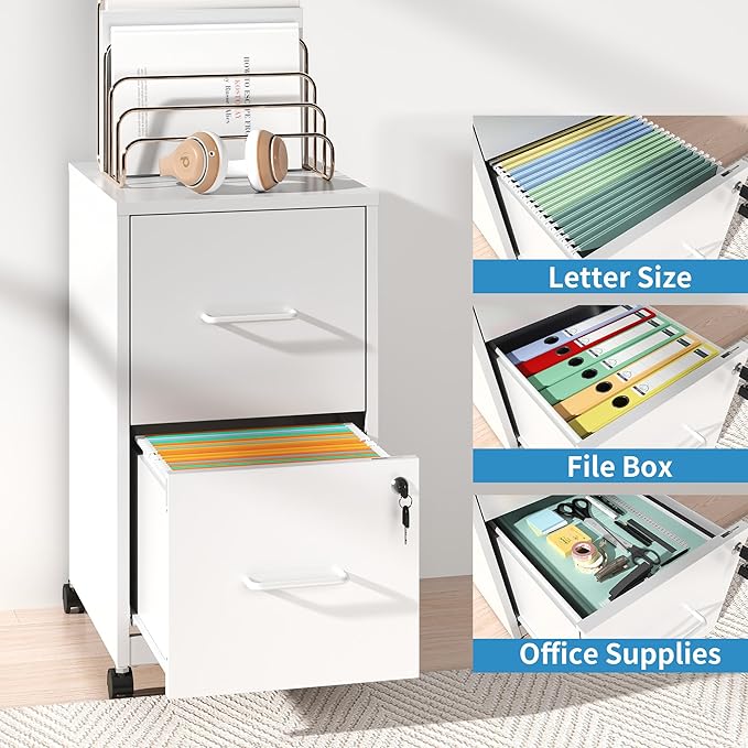 2 Drawer Mobile File Cabinet, Metal Under Desk Filing Cabinet with Lock and Wheels, Home Office Rolling File Cabinet for Legal/Letter Hanging File Folders, Un-Assembled, White