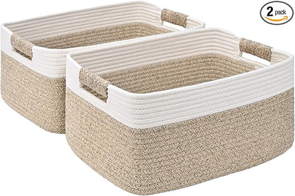 2 Pack Large Storage Basket for Organizing, 17.5"x13.5"x7.5" Woven Basket for Shelves, Closet Storage Bins with Wrapped Handle, Cotton Rope Baskets for Kitchen, Clothes, Toys(Off White & Brown)