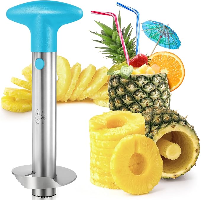 Zulay Kitchen Pineapple Corer and Slicer Tool – Stainless Steel Pineapple Cutter with Eye Remover Tool – Ergonomic Handle & Easy Core Remover – Reinforced Heavy-Duty Blade – Light Blue